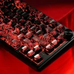 Elegant Black Rose Keycaps Set. Intricate IMD rose design, side-backlit legends, magnetic switch compatible. Premium artistry from diverse angles.