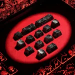 Elegant black rose keycaps set with IMD side-backlit designs and magnetic switch compatibility, displayed from various artistic angles.