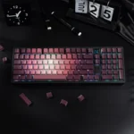 Enchanting PBT rose keycaps set showcased from multiple angles, revealing luminous gradient pink and green side-lit floral designs for a premium design.