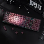 A collection of enchanting PBT rose keycap set, showcasing the vibrant pink and green gradient floral design and side-lit luminescence from multiple angle views.