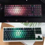 Enchanting luminous PBT rose keycaps set, showcasing delicate pink and green gradient side-lit floral designs for an artistic keyboard.