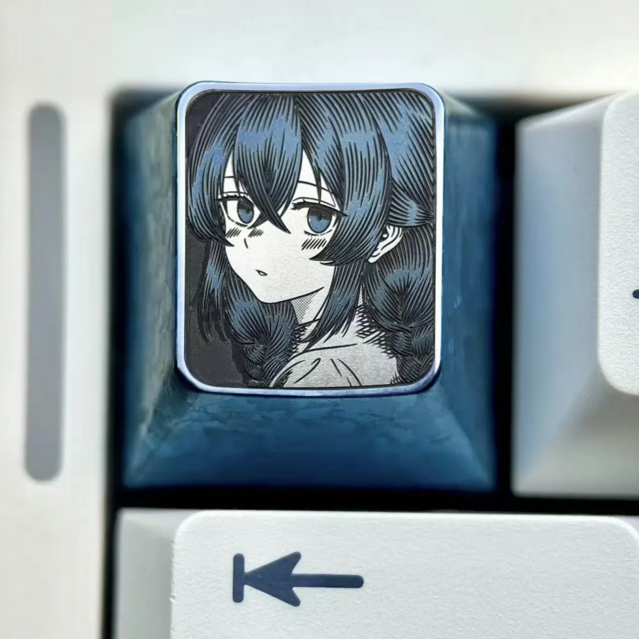 Artistic Roxy Titanium Keycap featuring intricate precision-carved anime character art on polished titanium, a premium collectible for mechanical keyboard.