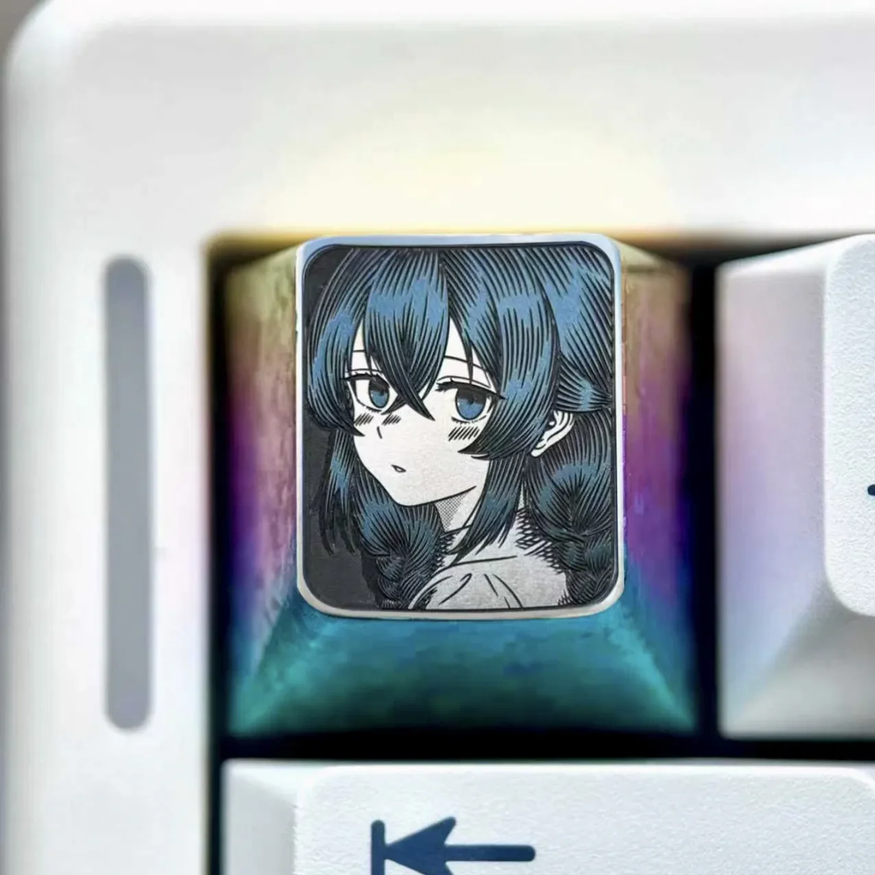 Artistic Roxy Titanium Keycap, precision-carved with intricate anime art on polished titanium, featuring subtle silver highlights. A collectible ESC Key.