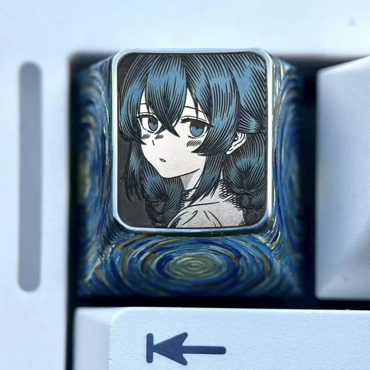 Precision-carved Roxy Titanium Keycap, an artistic anime ESC mechanical keycap, displays intricate character art on polished titanium.
