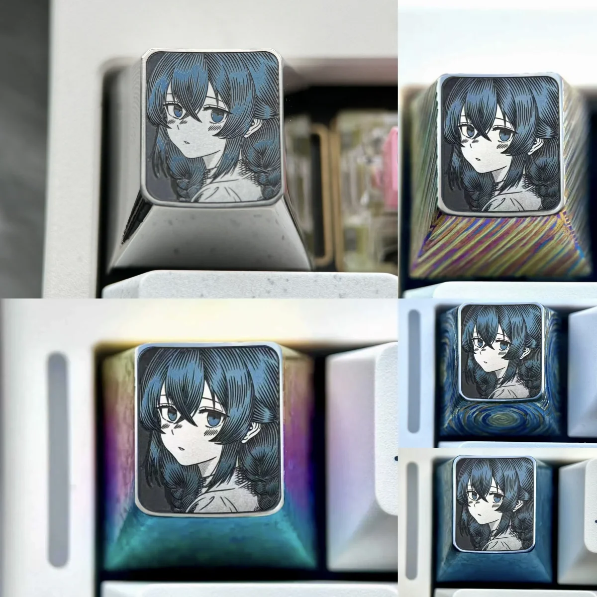 Roxy Titanium Keycap: Precision-carved anime ESC metal keycap. Intricate character art on polished titanium gleams with subtle silver highlights design.