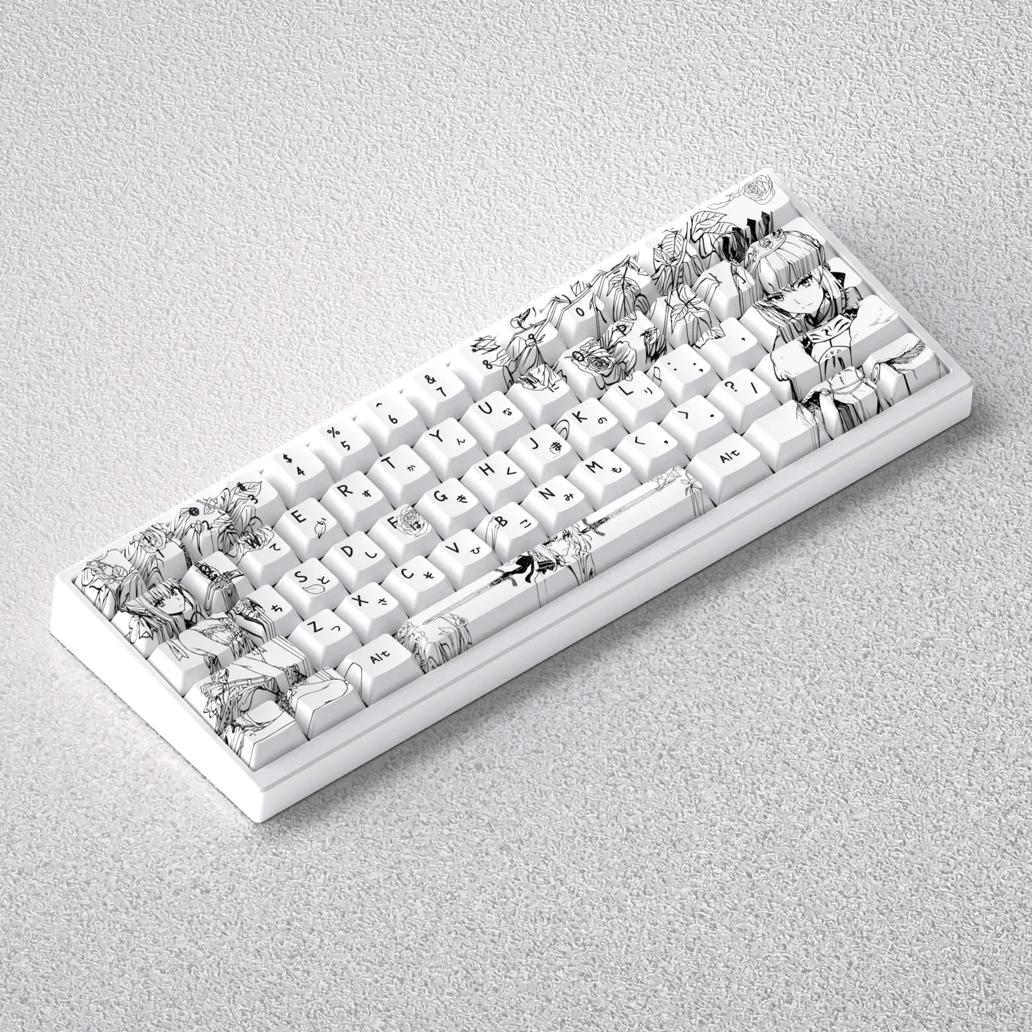 Iconic Saber keycap set gallery: PBT keycap set with elegant monochrome line art, shown from multiple angles, emphasizing its minimalist anime aesthetic.