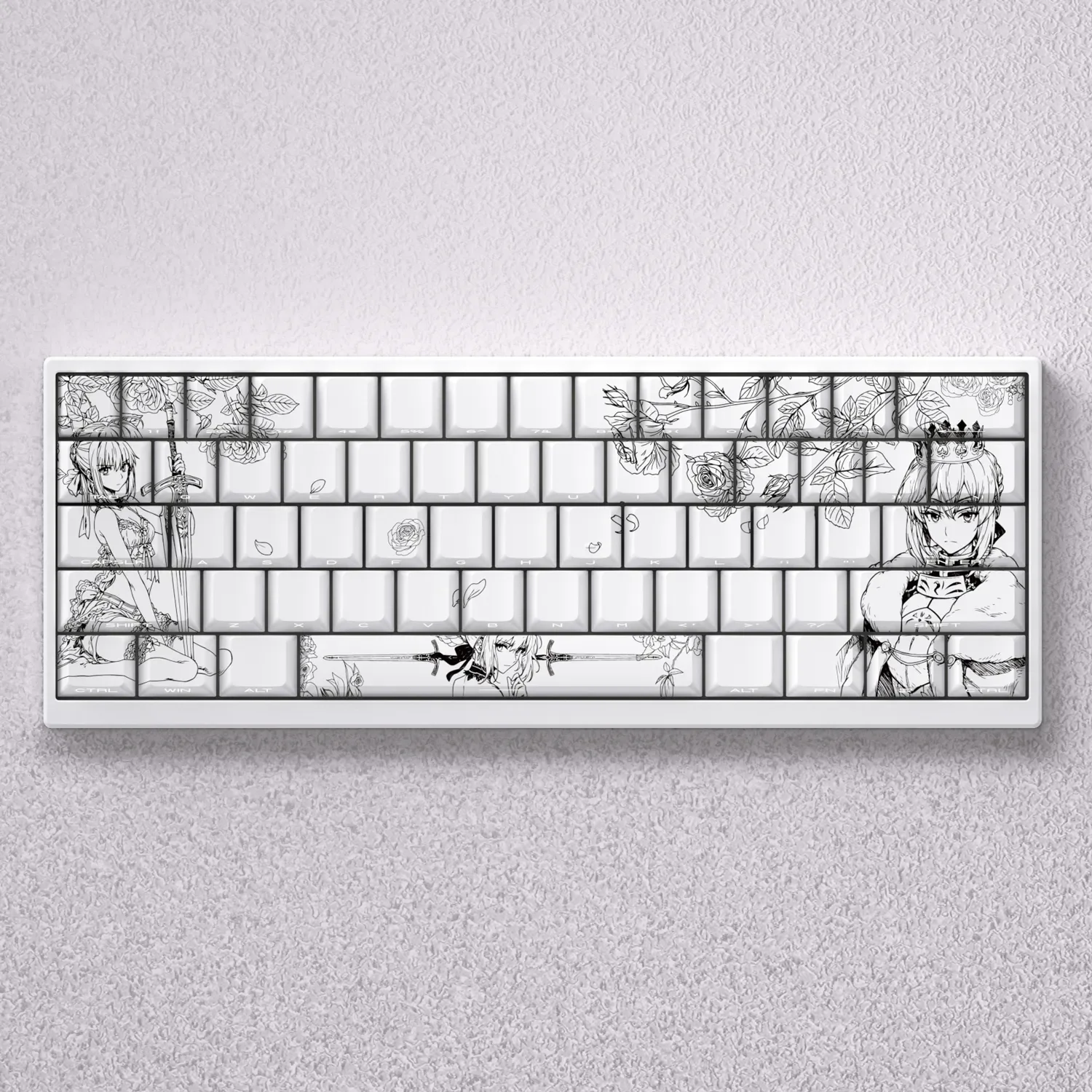 Artistic monochrome Saber PBT line art keycap set beautifully displayed on a mechanical keyboard, highlighting its elegant minimalist aesthetic.