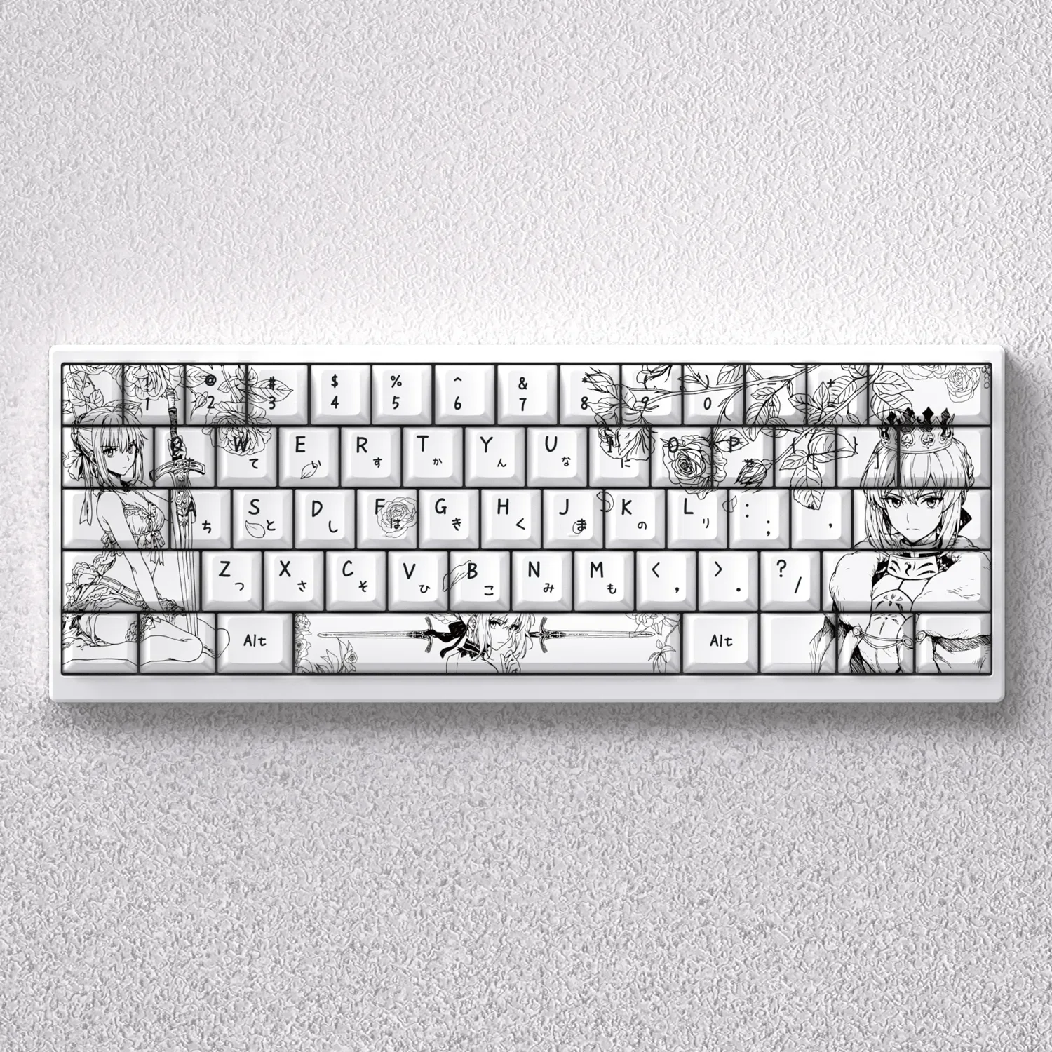 Iconic Saber PBT keycap set, an elegant monochrome line art design for mechanical keyboards, showcasing striking anime detail.