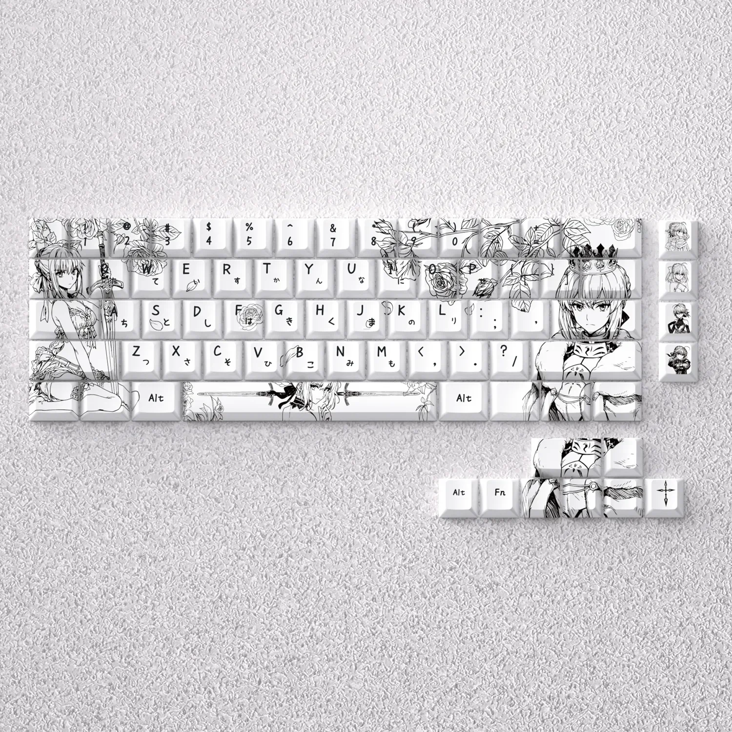 Elegant Saber anime PBT keycap set, showcasing striking monochrome line art for mechanical keyboards.