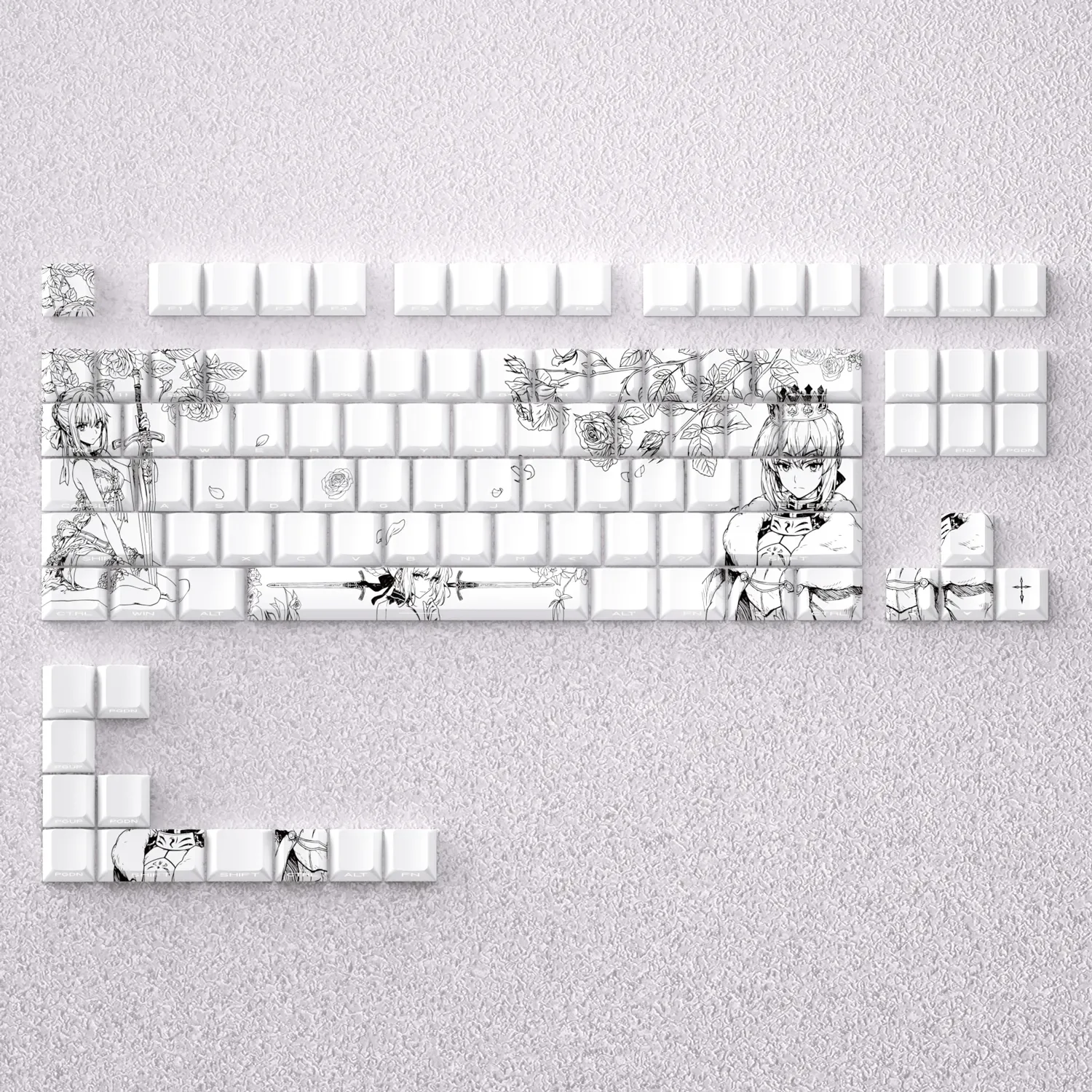 Iconic Saber anime PBT line art keycap set displayed, featuring elegant monochrome detail for mechanical keyboard customization.