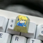 Detailed gallery of the artisan Vibrant Saber titanium alloy keycap, showcasing its premium anime design, anodized metallic hues from multiple angles.