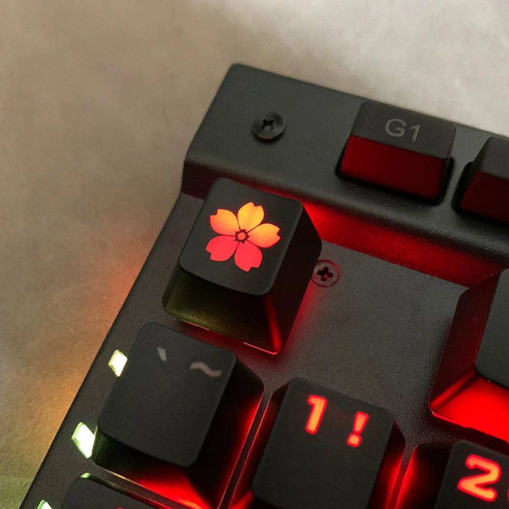 Gallery of the Glowing Sakura ESC keycap, displaying its delicate cherry blossom design and premium backlit ABS from various artistic angles.