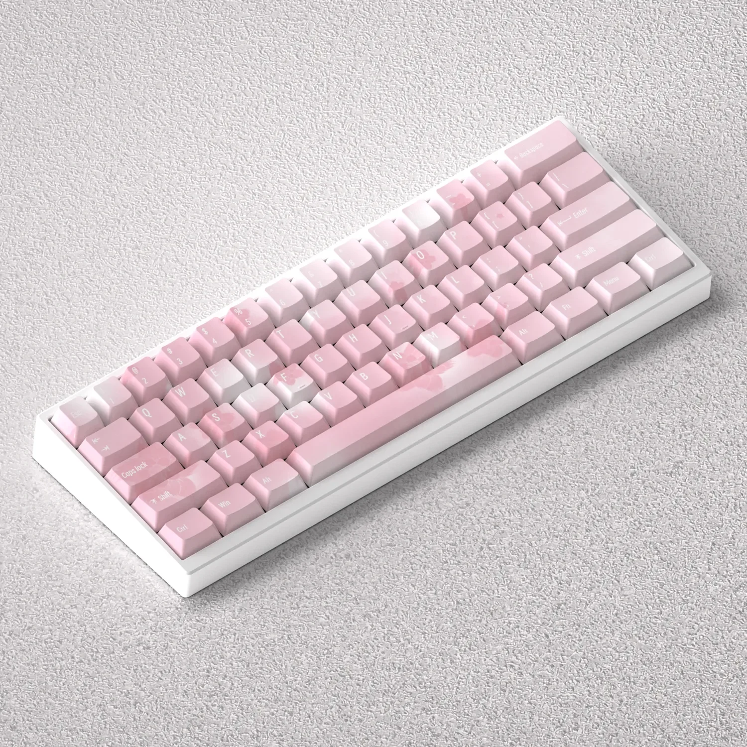 Elegant Sakura Keycaps PBT set, showcasing durable material and exquisite five-sided dye-sub cherry blossoms from various artistic angles.