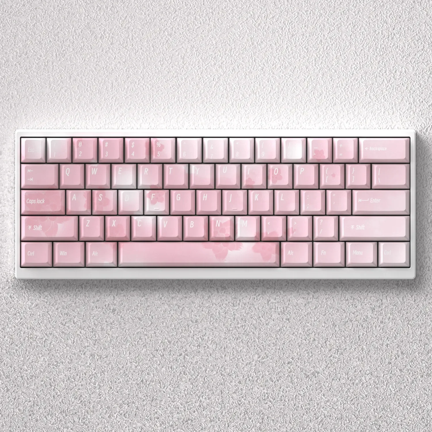 Elegant Sakura PBT dye-sub keycaps set featuring exquisite five-sided cherry blossom designs. Durable, serene, and artistic Japanese floral set.