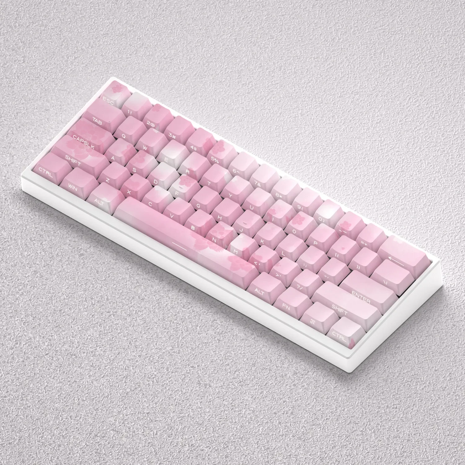 Elegant Sakura PBT side-lit keycaps Set displayed from various angles, highlighting exquisite cherry blossom artistry and clean legends for mechanical keyboard.