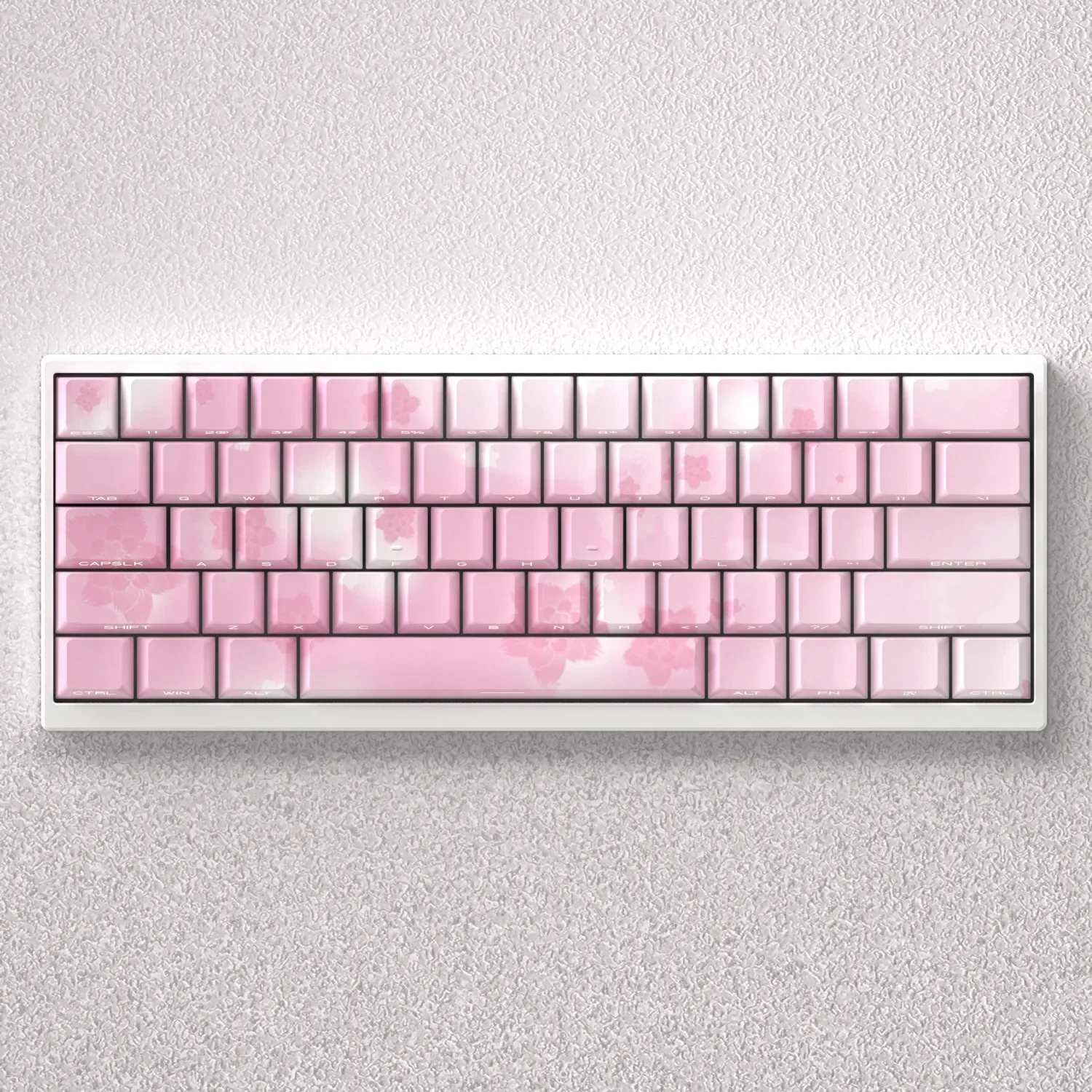 Exquisite Sakura Keycaps PBT set, side-lit with delicate pink and white cherry blossoms for mechanical keyboards.