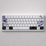Exclusive Sakurajima Mai PBT keycaps set displayed from various angles, showcasing elegant anime artwork with a cool blue-grey aesthetic.