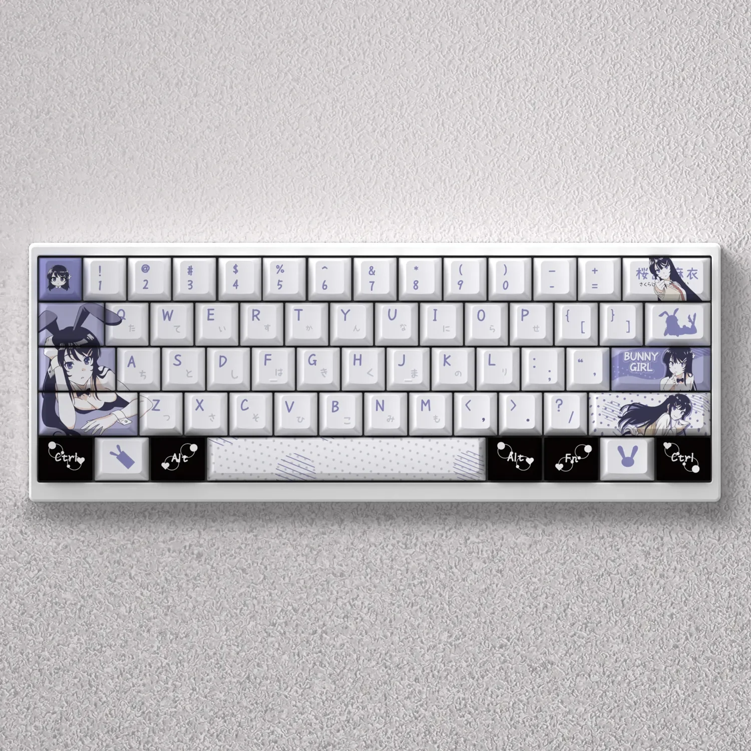 Exclusive Sakurajima Mai PBT keycaps set displayed from various angles, showcasing elegant anime artwork with a cool blue-grey aesthetic.