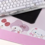 Vibrant Sanrio mouse pad shown from playful angles, highlighting adorable characters and the smooth surface engineered for joyful gaming.