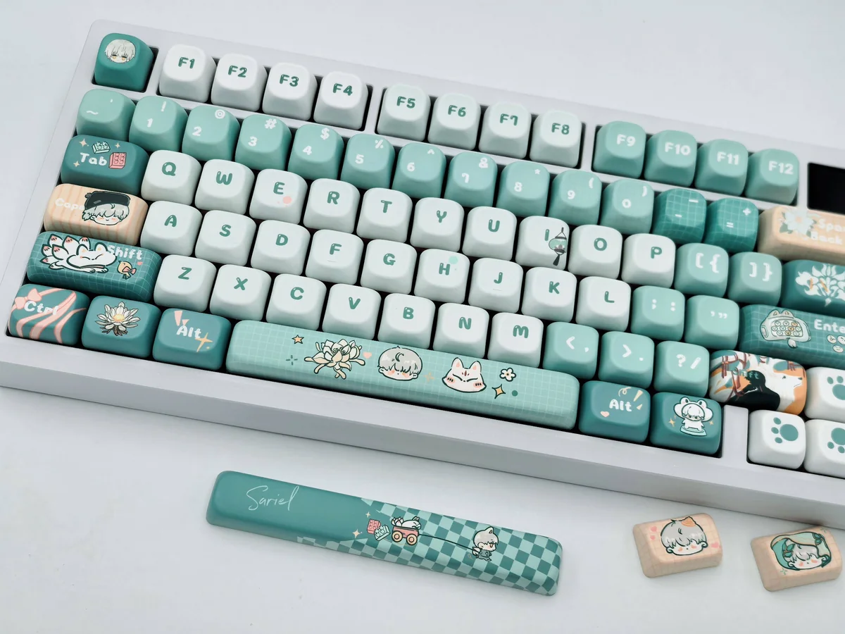 Sariel FOA Keycap Set presented from multiple elegant angles, highlighting exclusive character themes, serene cool tones, and subtle artistic design.