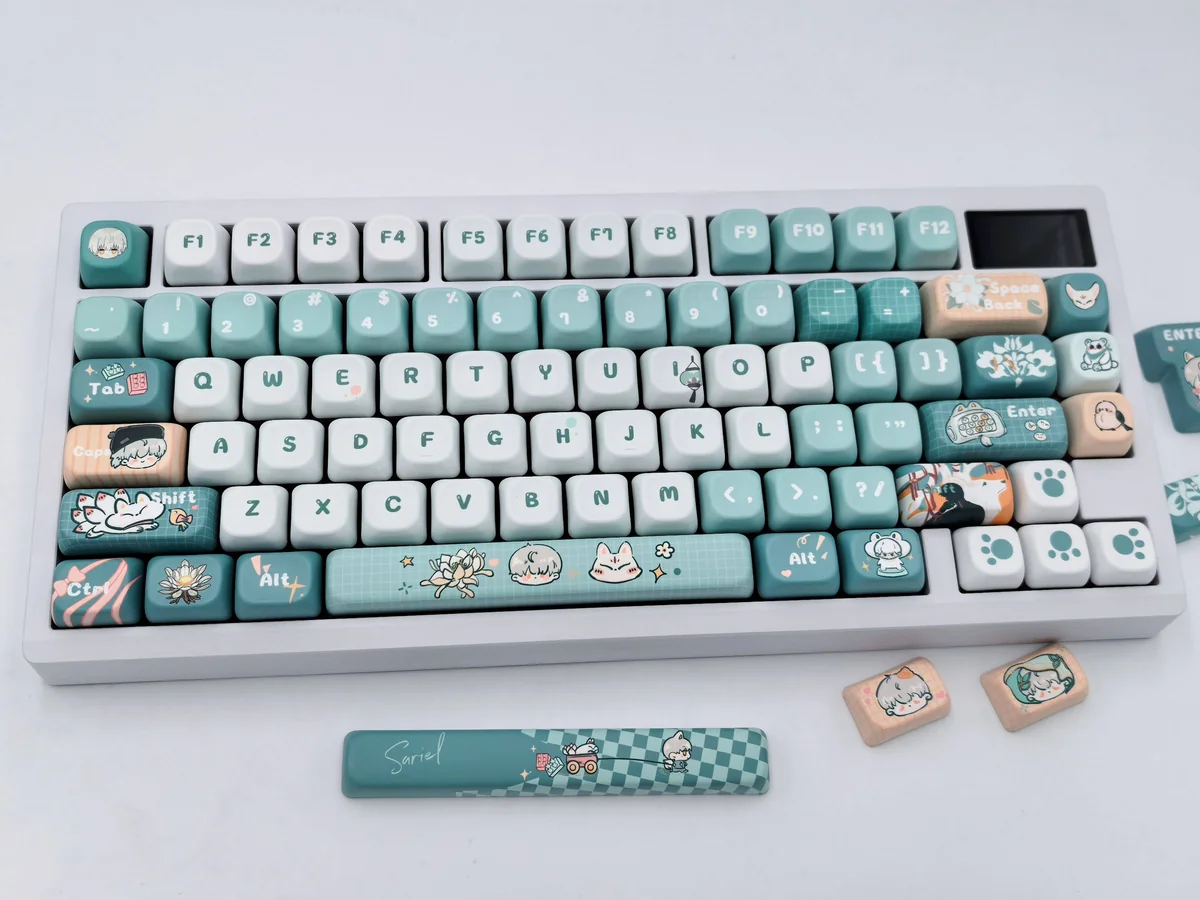 Exclusive Sariel FOA Keycap Set showcased with an elegant, serene aesthetic, featuring cool tones and subtle character motifs for a premium design.