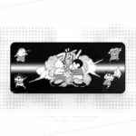 Iconic Shin-chan Zaemon oversized gaming desk mat featuring playful deep grey anime samurai character art, perfect for nostalgic gamers.