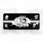 Playful Shin-chan Desk Mat showcasing iconic Zaemon samurai character art in deep grey, an oversized gaming surface for anime enthusiasts.