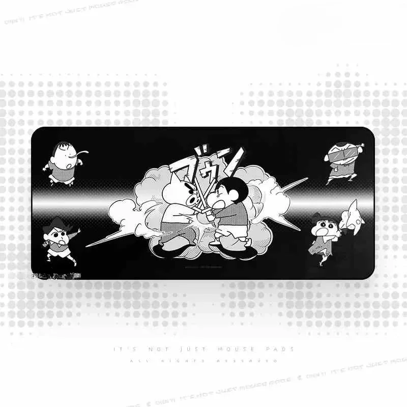 Playful Shin-chan Desk Mat showcasing iconic Zaemon samurai character art in deep grey, an oversized gaming surface for anime enthusiasts.