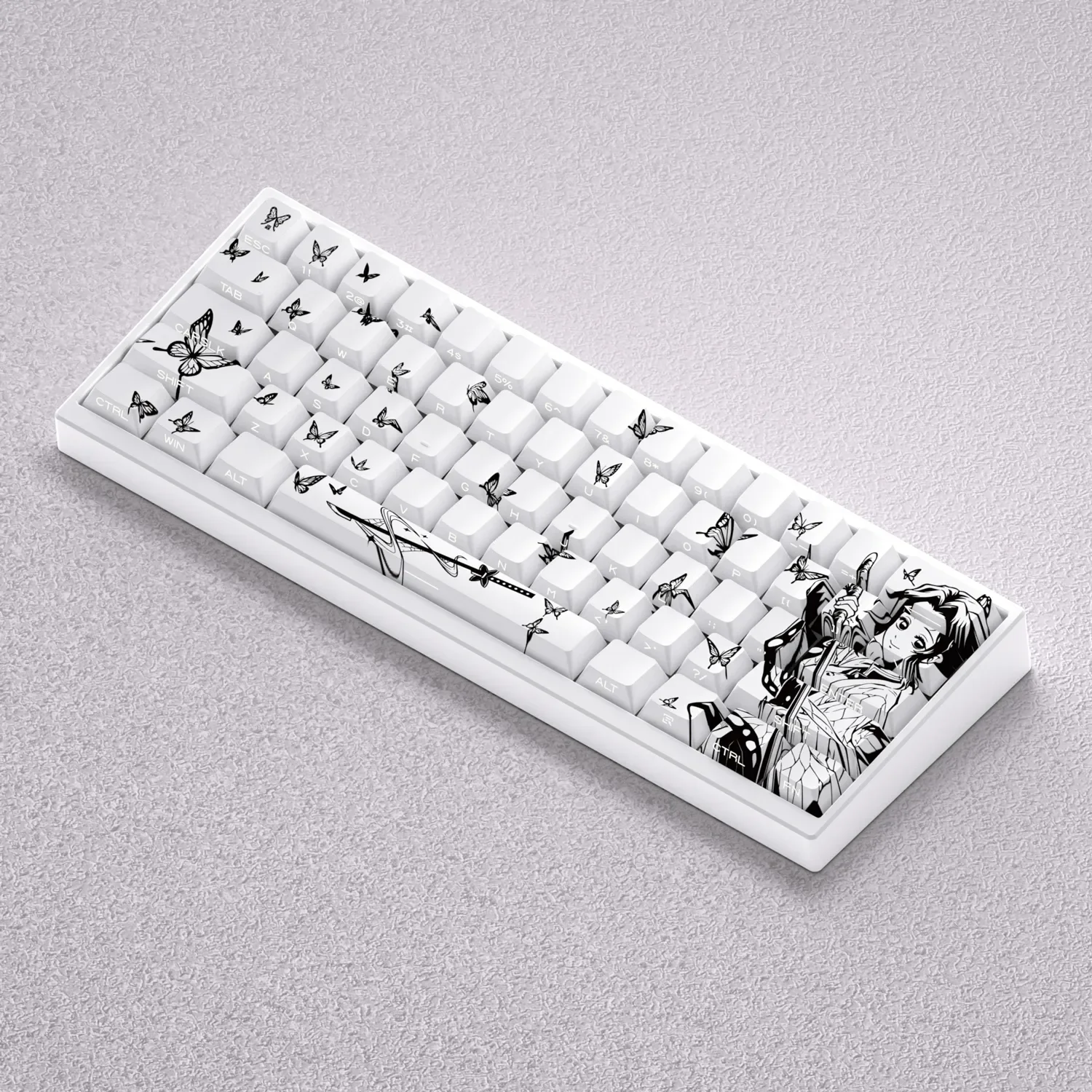 Gallery of the elegant Demon Slayer Shinobu Keycap Set, featuring its custom butterfly anime motif and intricate artistic details from multiple angles.