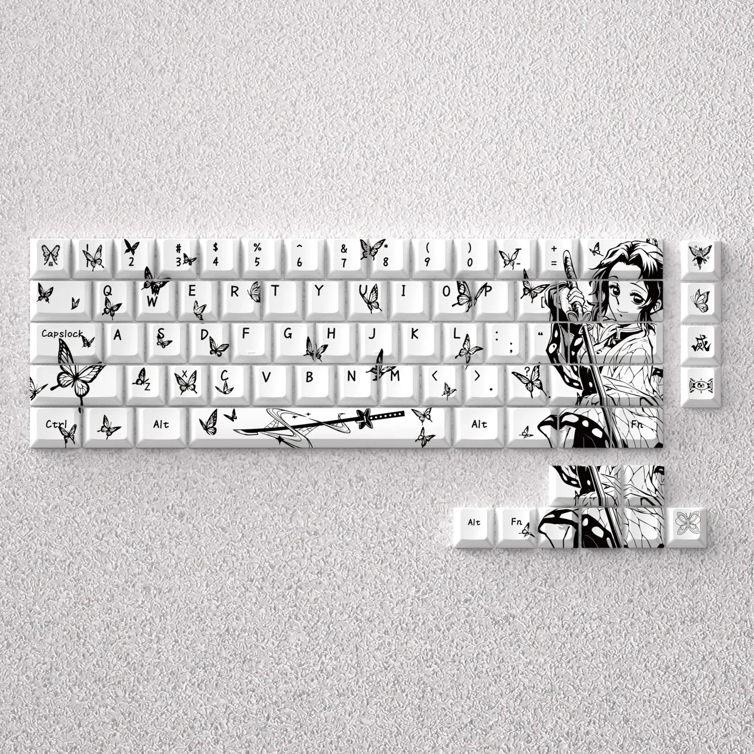 Exclusive Shinobu Keycap Set from Demon Slayer showcasing intricate Shinobu Kocho art and vibrant butterfly details on this elegant anime mechanical keyboard.