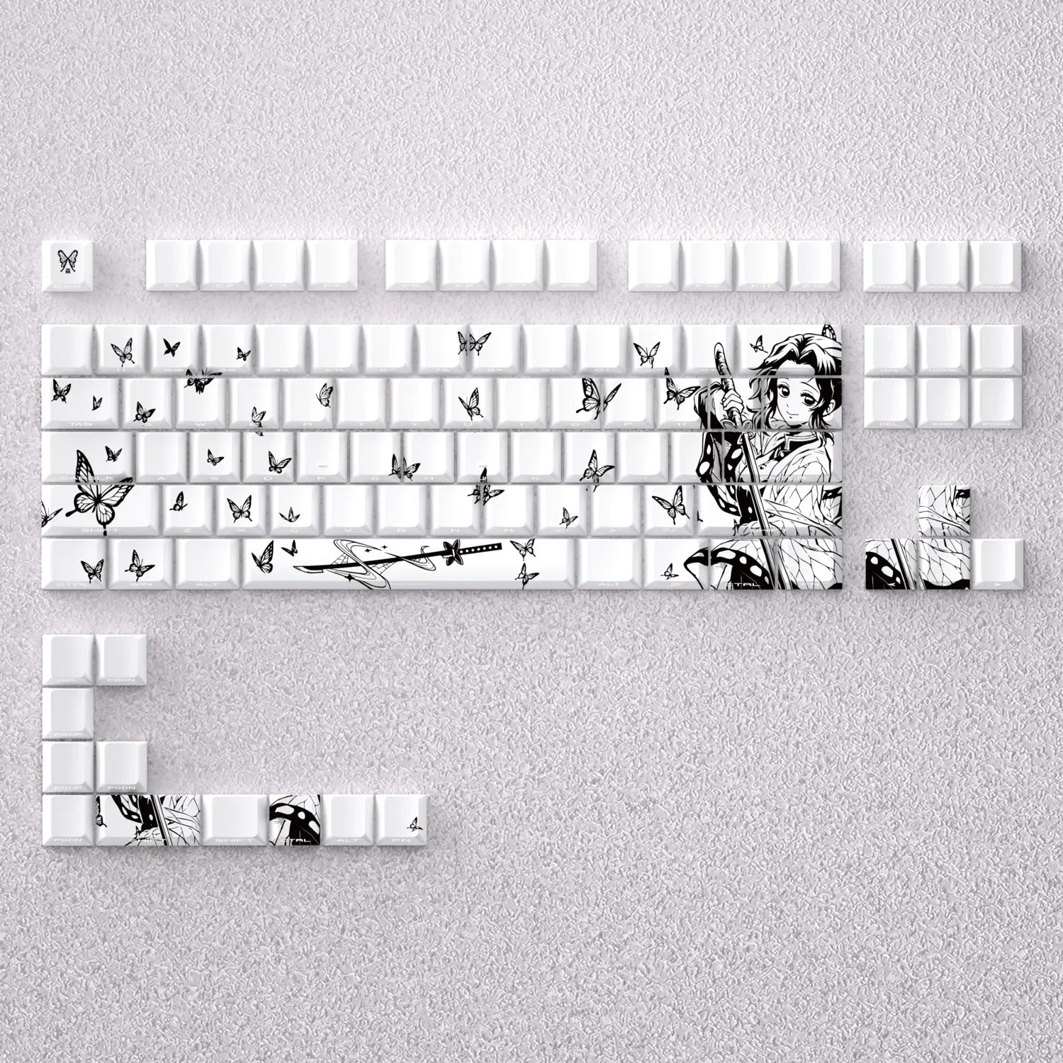 Elegant Shinobu Keycap Set with vibrant butterfly motif, featuring the exclusive Demon Slayer Shinobu Kocho design. A stunning custom anime mechanical keyboard.