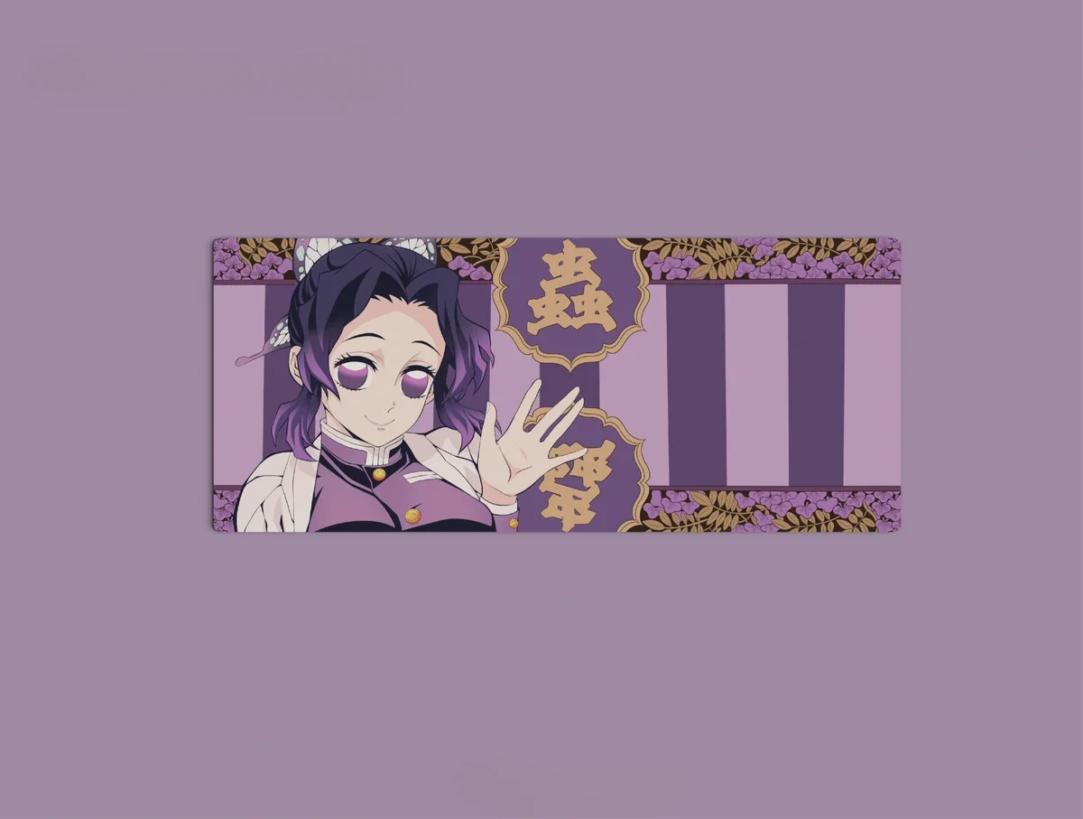 Detailed angle of the Shinobu Kocho Desk Mat, highlighting the iconic purple and pink butterfly design and its graceful, ethereal anime aesthetic.