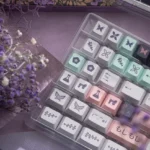 Shinobu Kocho Keycaps set showcased from various angles, highlighting the exquisite anime design, vibrant silk-screen details, and elegant purple design.