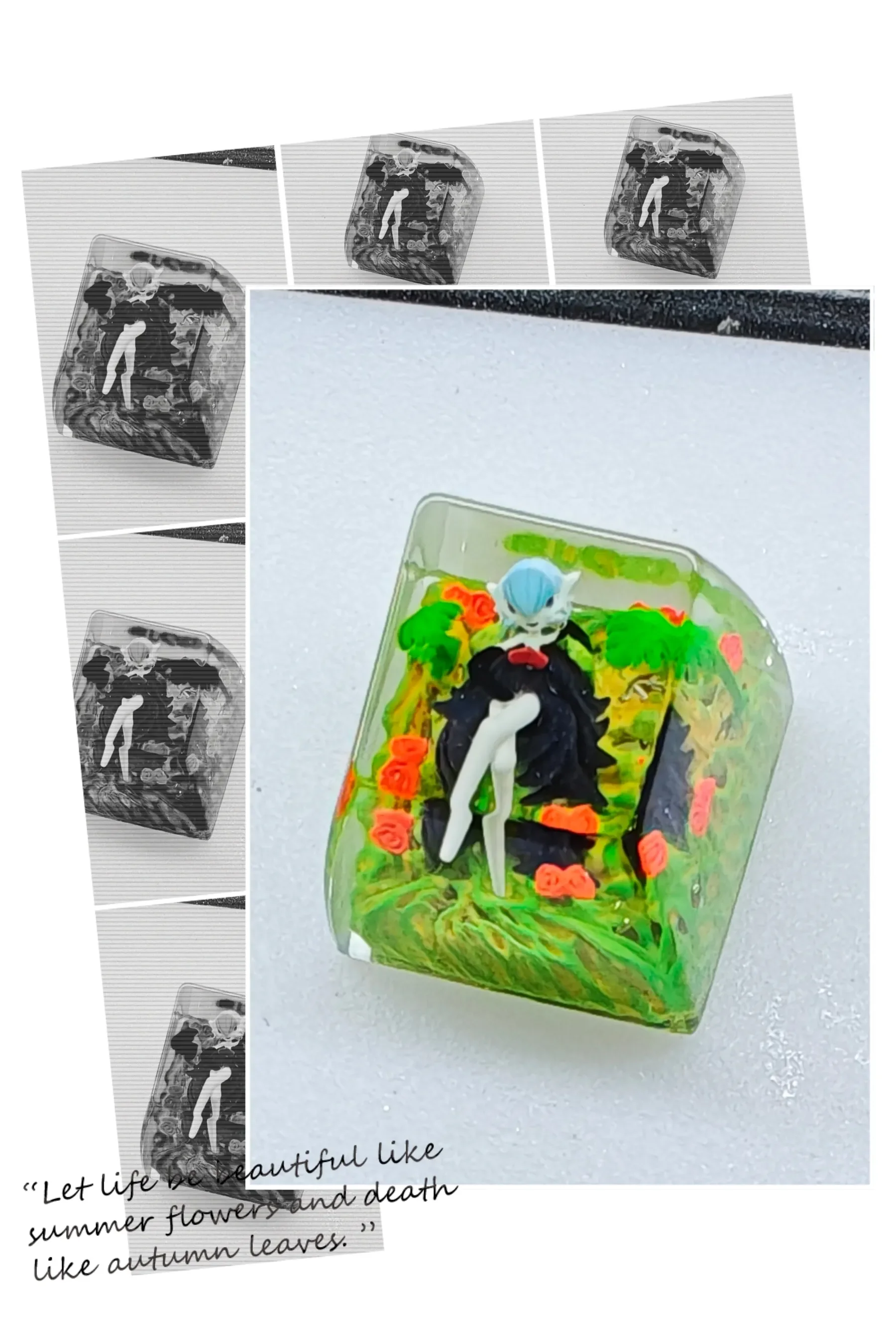 Exquisite Shiny Mega Gardevoir artisan keycap for mechanical keyboards, featuring vibrant sculpted Pokemon art and translucent resin details.