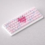 A set of pink Oath Keycap set features translucent side-engraved characters, illuminating your mechanical keyboard with unique style.