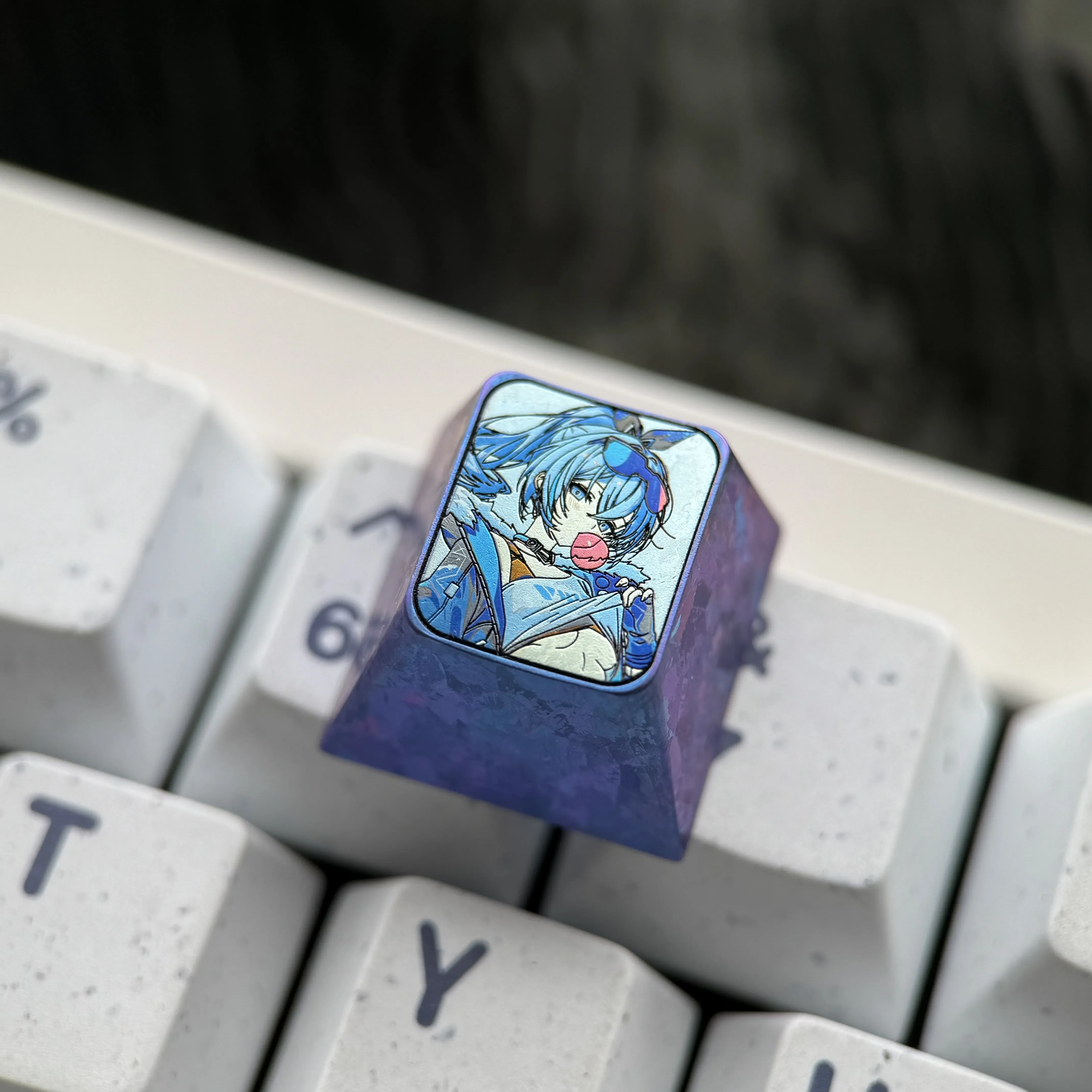 Premium Titanium Silver Wolf keycap shown from multiple angles, emphasizing its cyber-hacker design and metallic finish for Honkai Star Rail gaming.