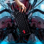 Cosmic Odyssey PBT space keycaps set showcased from various angles, emphasizing their durable quality and immersive sci-fi astronaut and celestial body.