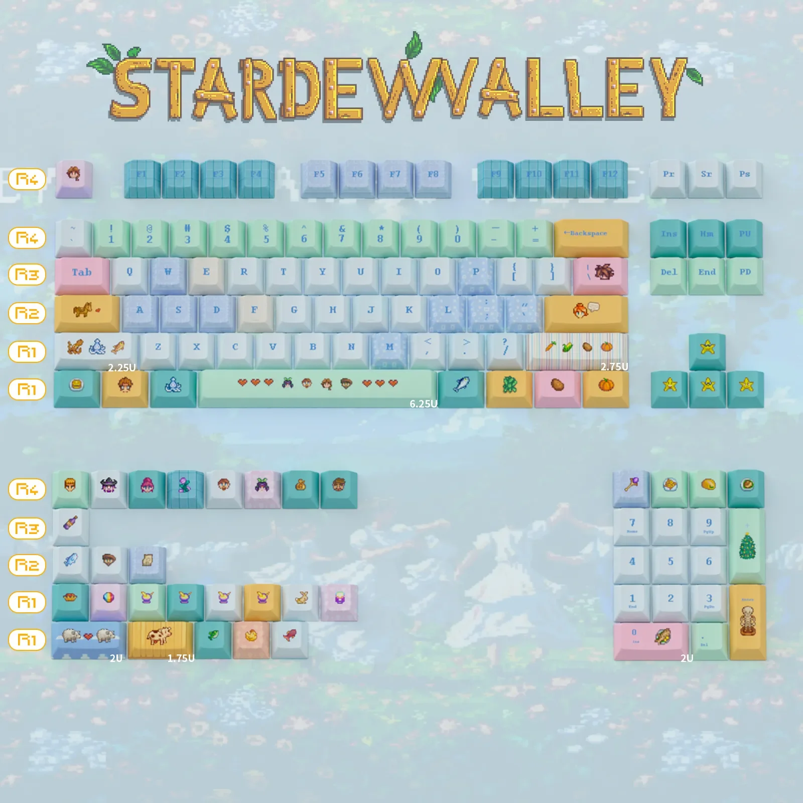 Vibrant Stardew Valley Keycaps Set showcasing playful pixel art of beloved characters and farm tools on a custom PBT dye-sub gaming keycap set.