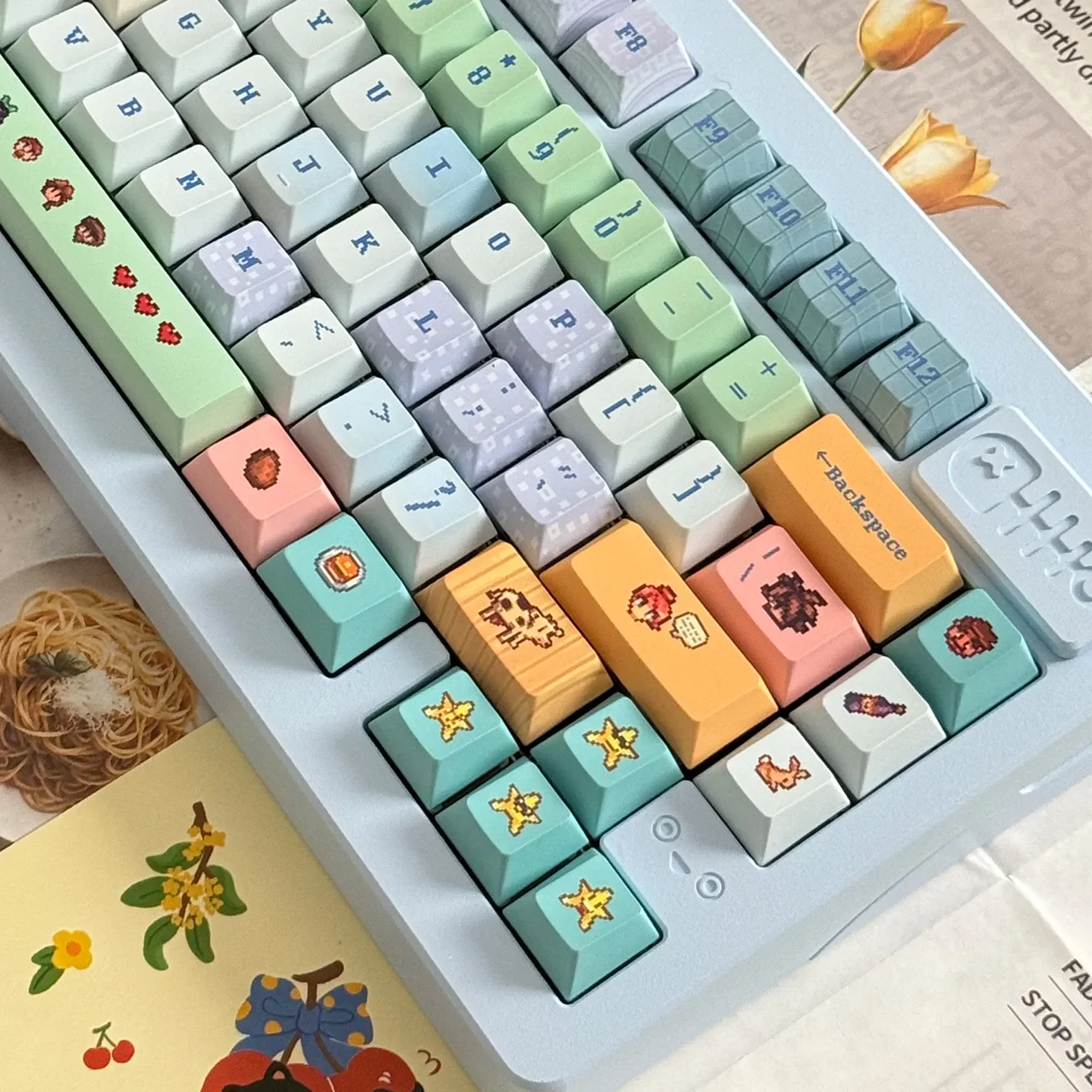 Playful collection of Stardew Valley pixel art PBT keycaps Set, featuring vibrant characters and farm elements for a nostalgic gaming keyboard.