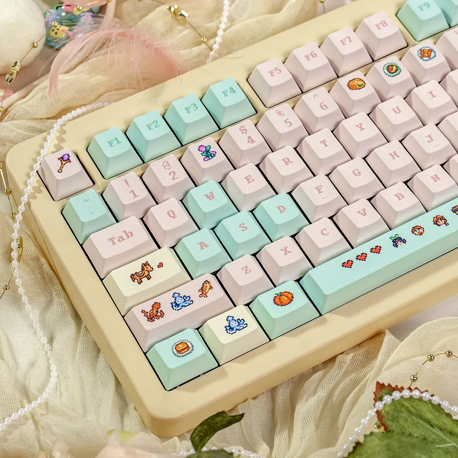 Collection of Stardew Valley pixel art keycaps set, showcasing nostalgic game scenes and details from multiple angles. Charming custom PBT keycaps.