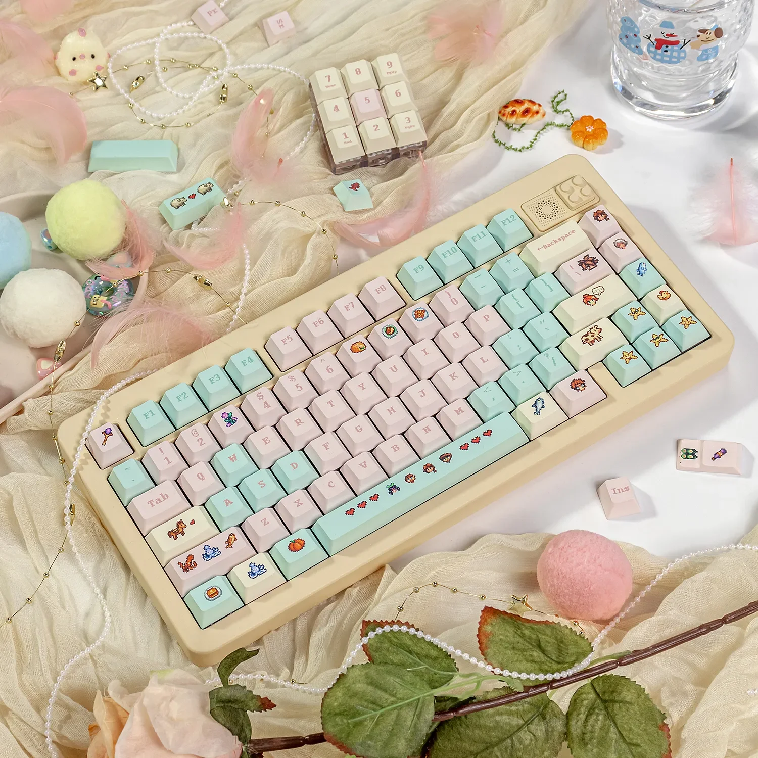 Vibrant, charming Stardew Valley pixel art keycaps set for mechanical keyboards, featuring nostalgic game scenes and PBT dye-sub craftsmanship.