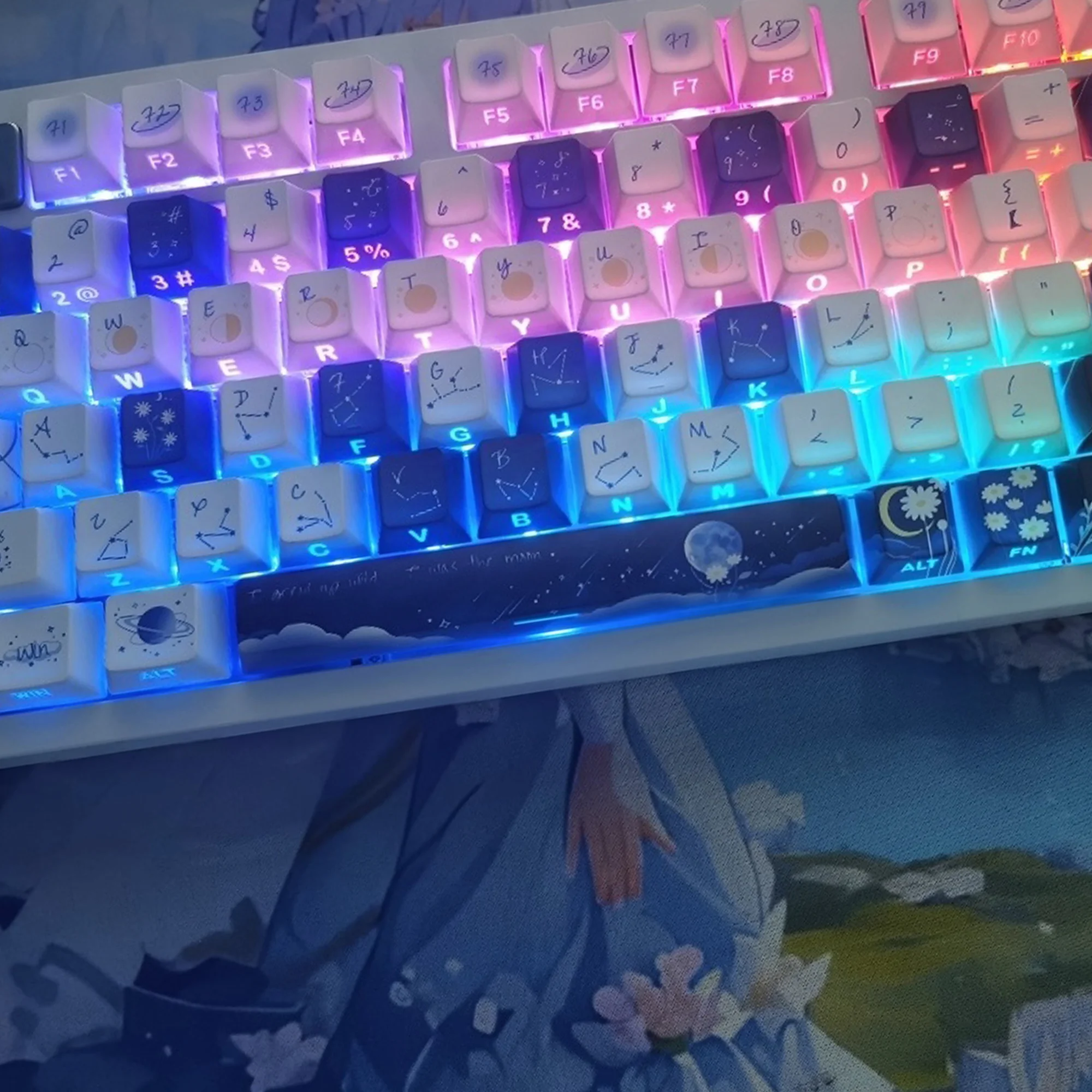 Durable PBT spherical Starry keycap set with deep blue cosmic design and twinkling stars for mechanical keyboards.