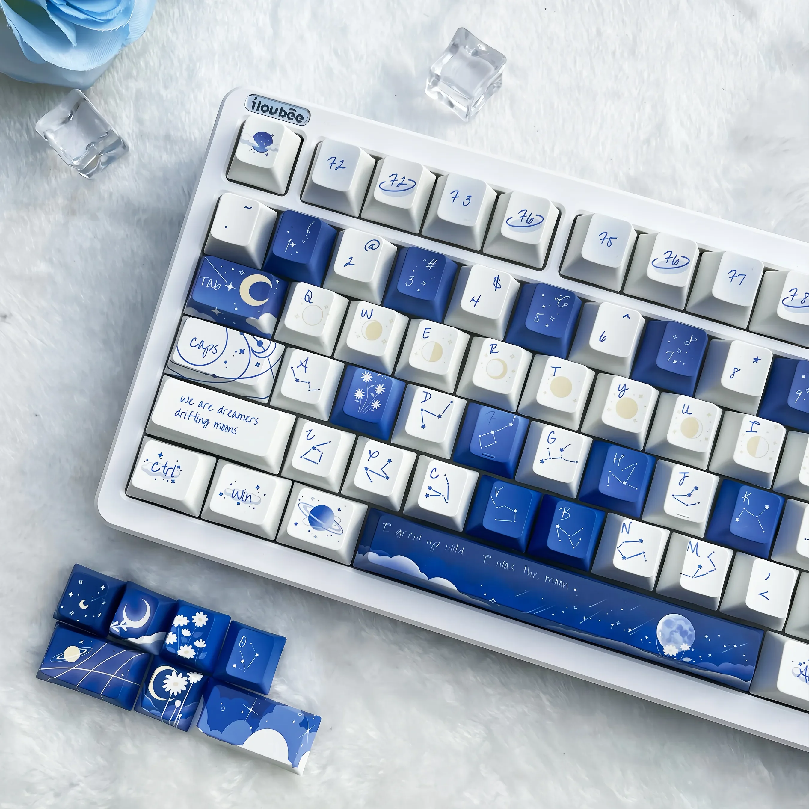 Premium Starry Keycap Set featuring durable PBT spherical keycaps with a mesmerizing deep blue cosmic map for mechanical keyboards.