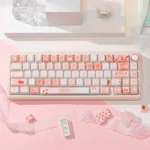 Artistic image of the extended 169-key Strawberry Keycap Set, combining durable PBT and frosted PC with delightful translucent strawberry accents.
