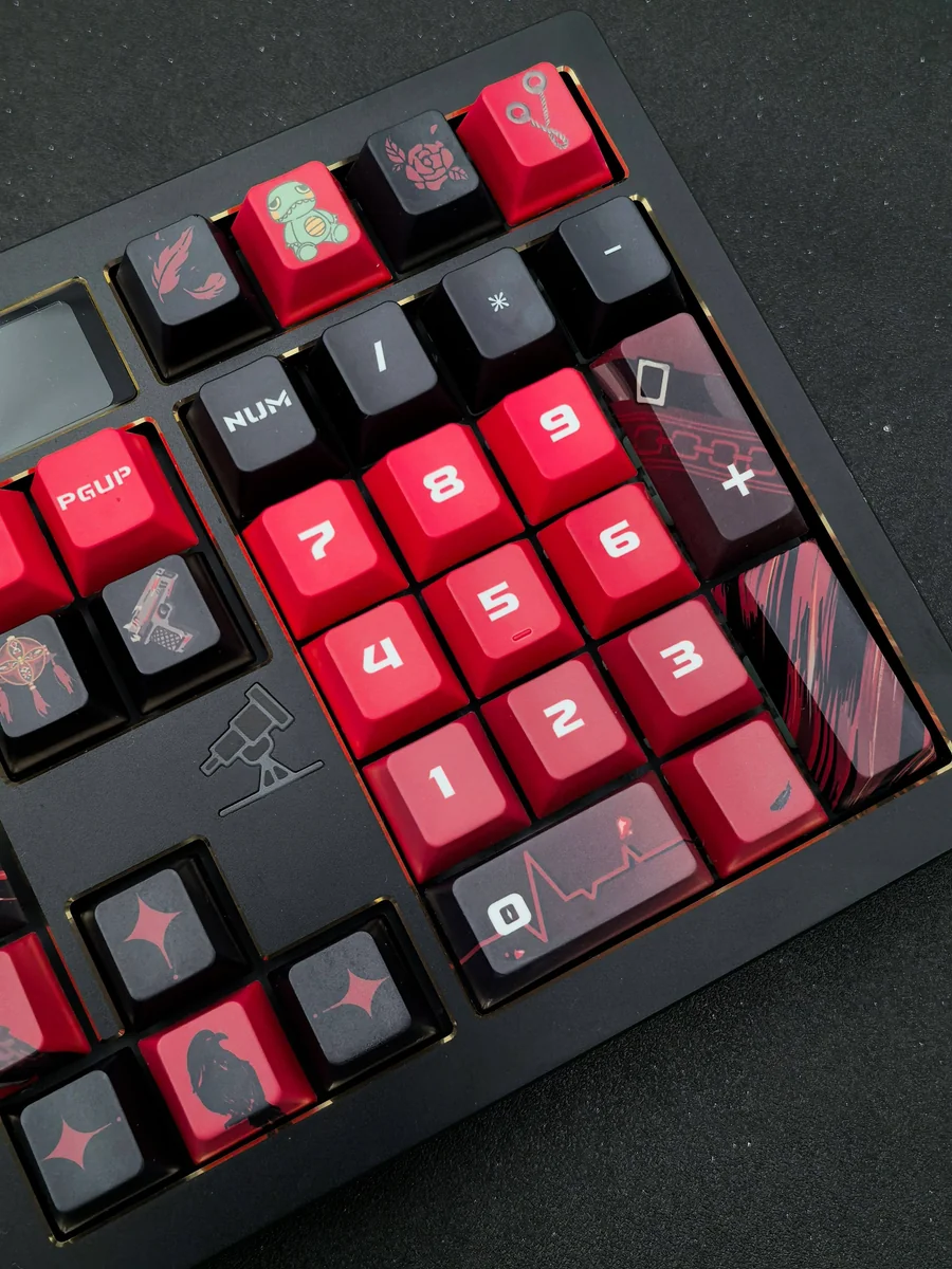 Exclusive Sylus keycap set from Love and Deepspace, featuring romantic Sylus character art and cosmic designs across various keycap angles.