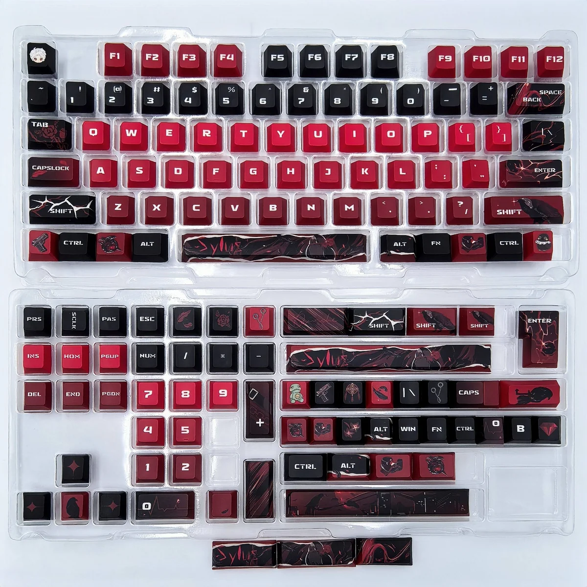 Exclusive Sylus keycap set: Love & Deepspace, shown from multiple angles. Features character-centric art and a romantic cosmic aesthetic.