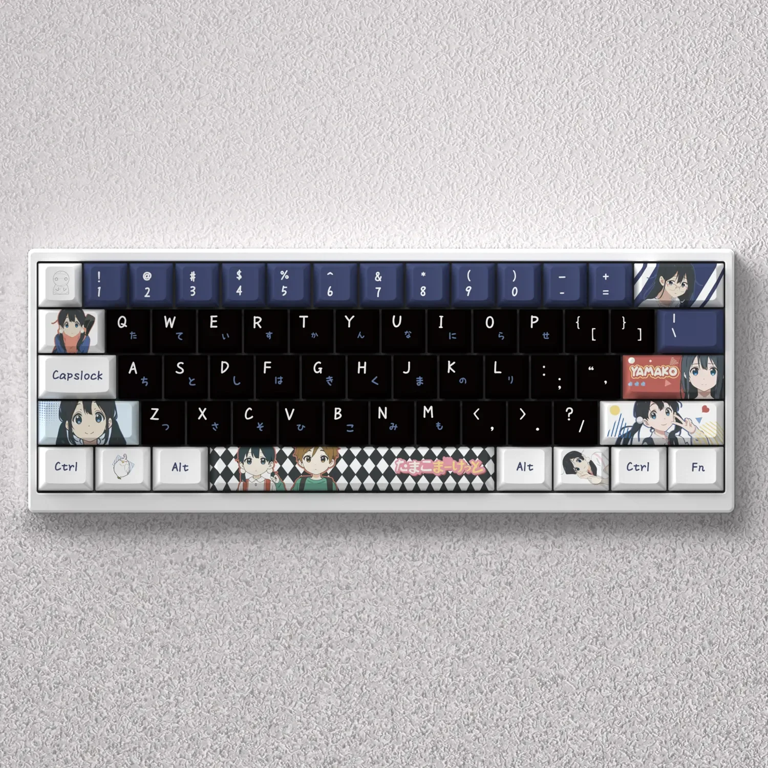 Vibrant Tamako Keycaps PBT dye-sublimation set for mechanical keyboards, showcasing an array of premium keys adorned with cute Tamako Market anime design.