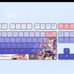 Multiple angles of the vibrant, exclusive FGO Tamamo-no-Mae PBT shine-through keycaps set, displaying magical anime character art and luminous design.