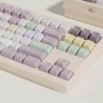 A delightful gallery view of Taro Pistachio keycaps set, showcasing their sweet pastel purple, green, and cream dessert-inspired designs from various angles.