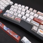 Showcasing the exclusive Tartaglia Genshin Impact keycap set from multiple angles, highlighting its bold hydro-elemental design and premium quality.